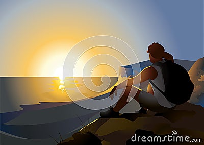 Tourist watching the sunrise over the sea Vector Illustration