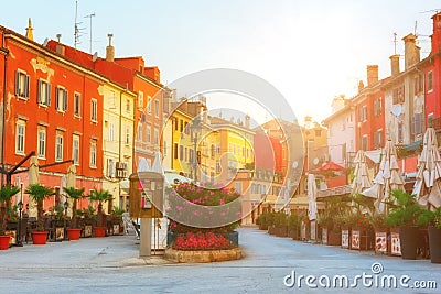 Tourist street with colorful houses, Rovinj Rovigno, Croatia Editorial Stock Photo