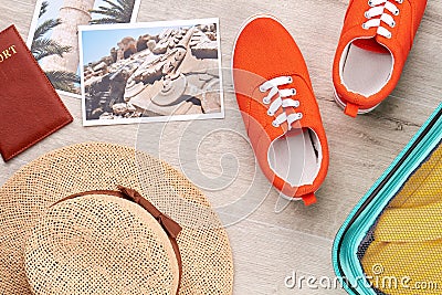 Tourist stuff for summer journey. Stock Photo