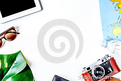 tourist stuff with tablet and map on white background top view mock up, Stock Photo