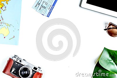 Tourist stuff with tablet and map on white background top view Stock Photo