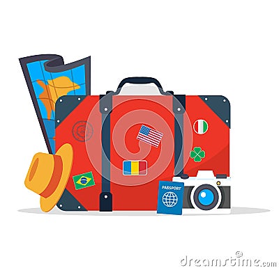 Tourist suitcase, camera,hat, map and passport. Vector Illustration