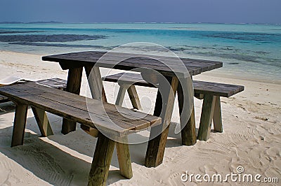 Tourist table on Picnic Island near Maafushi Island Maldives Stock Photo