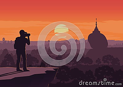 Tourist take photo of famous pagoda,landmark of Myanmaron sunset Vector Illustration
