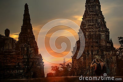 Tourist taking a photo in wat chai wattanaram ayutthaya world heritage site of unesco thailand Editorial Stock Photo