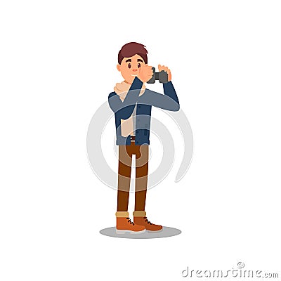 Tourist taking pictures with his photo camera. Young man on vacation. Colorful flat vector illustration Vector Illustration