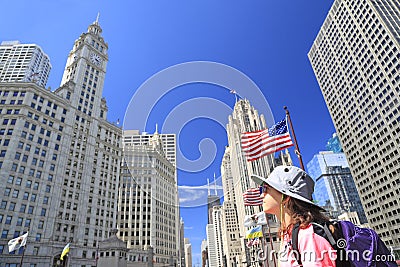 Tourist teenager admiring Chicago skyline on Michigan Avenue Stock Photo