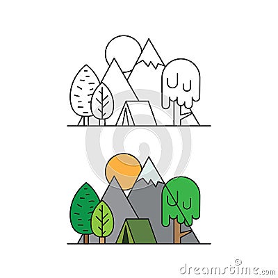 Tourist tent in a camping at forest tree on background Vector Illustration