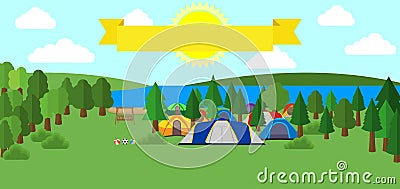 Tourist tent and green meadow, on a cloudy sky. Summer camping. Natural landscape. Outdoor activities. Vector illustration. Vector Illustration