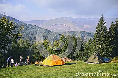 Tourist tents in forest Stock Photo
