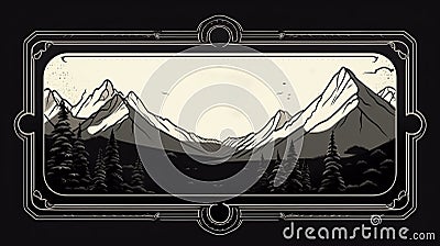 Tourist Themed Rectangular Label With Mountain Silhouette On World Map Background Stock Photo