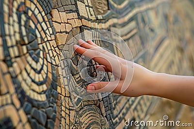 tourist touching the texture of an ancient replica mosaic wall Stock Photo