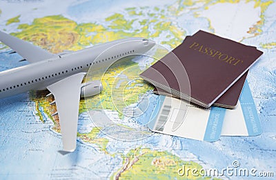 Boarding pass, passport, plane on the map. Stock Photo