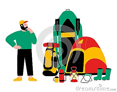 Tourist, travel preparation. Equipment for a hike. A puzzled man. Vector flat cartoon illustration Cartoon Illustration