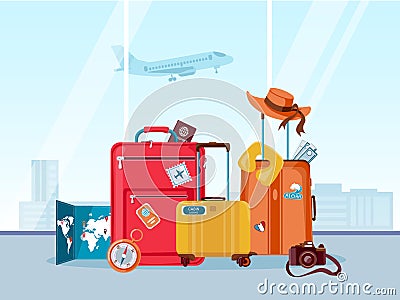 Tourist travel suitcases. Luggage and bags with map, camera and summer hat in airport. Tourism agency, adventure and Vector Illustration