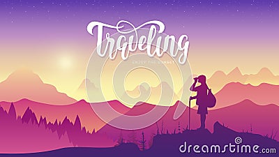 Tourist traveler with binoculars at sunset. Extreme hike in the wild illustration. Mountain view of nature vector Vector Illustration