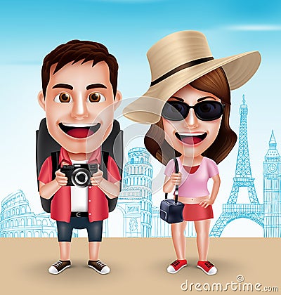 Tourist Traveler Couple Vector Characters Wearing Casual with Traveling Bags Vector Illustration