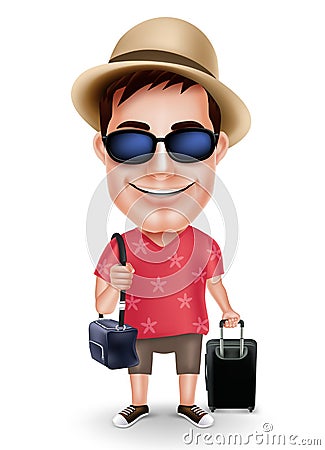 Tourist Traveler Man Vector Character Wearing Casual Dress and Hat with Traveling Bags Vector Illustration