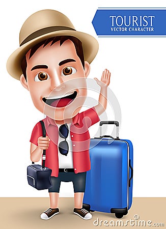 Tourist Traveler Man Vector Character Wearing Casual with Traveling Bags Vector Illustration