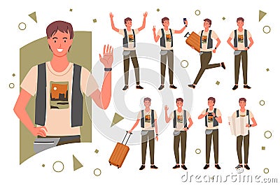 Tourist traveler pose set, happy young male portrait, man traveling and waving hand Vector Illustration