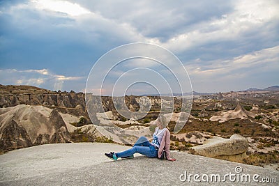 Tourist traveling in mountains cappadocia Stock Photo