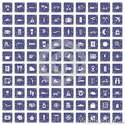 100 tourist trip icons set grunge sapphire Vector Illustration