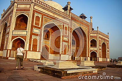 A tourist at UNESCO World Heritage Site Humayun's Tomb in Delhi Editorial Stock Photo