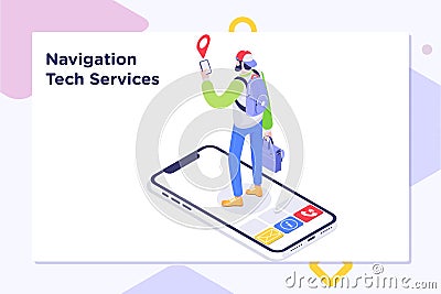 Tourist using map in phone app to navigate and find location.Online Navigation template in isometric vector. Vector Illustration