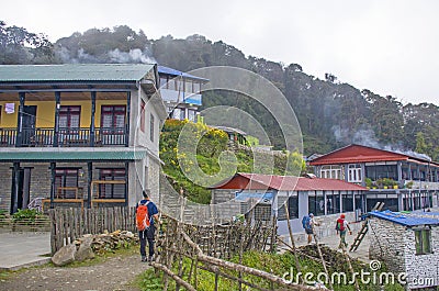 Tourist village in Nepal with houses in the mountains Editorial Stock Photo