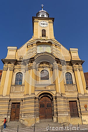 Tourist visiting Brasov historic quarter Editorial Stock Photo