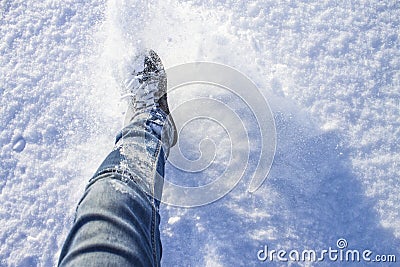 A tourist walks through the snow Stock Photo