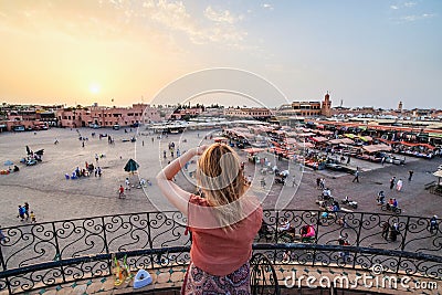 Tourist watching over Jamaa el-Fna Market Marrakesh - Morocco. S Editorial Stock Photo