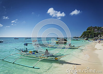 tourist water taxi tour boats in diniwid beach boracay philippines Editorial Stock Photo