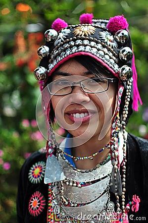 The tourist wear tribal costumes of Miao Tribal to enjoy for take photo Stock Photo