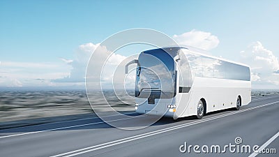 Tourist white bus on the road, highway. Very fast driving. Touristic and travel concept. 3d rendering. Stock Photo