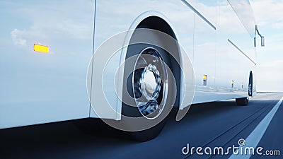 Tourist white bus on the road, highway. Very fast driving. Touristic and travel concept. 3d rendering. Stock Photo