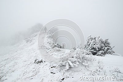 Tourist on a winter mountain cliff Stock Photo