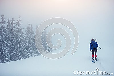 Tourist in winter mountains. Beauty world. Carpathians Ukraine Europe Stock Photo