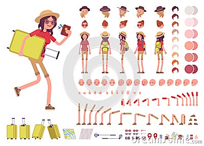 Tourist woman with luggage, wearing travel outfit. Character creation set Vector Illustration