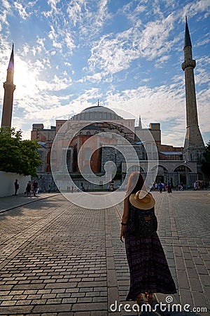 Tourist woman near Hagia Sophia mosque landmark Turkey Istanbul Editorial Stock Photo