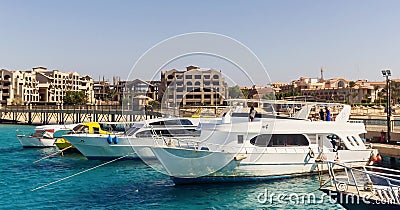 Tourist yachts and boats near the pier in Hurghada. Egypt. Editorial Stock Photo