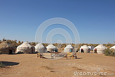 Tourist Yurt camp in the desert Stock Photo