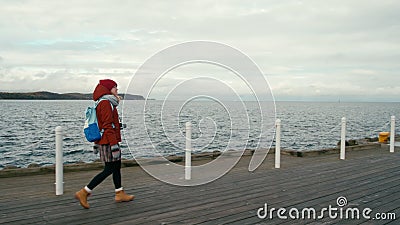 Touristenfrauen mit Rucksack und Retro-Kamerawanderungen am Sea Dock am Herbsttag stock footage Touristenfrauen mit Rucksack und Retro-Kamerawanderungen am Sea Dock am Herbsttag stock footage