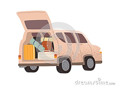 Touristic automobile with open trunk full of adventure equipment vector flat illustration. Campervan with bags, suitcase Vector Illustration