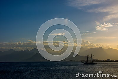 The touristic boat on the Mediterranean sea in Antalya Stock Photo