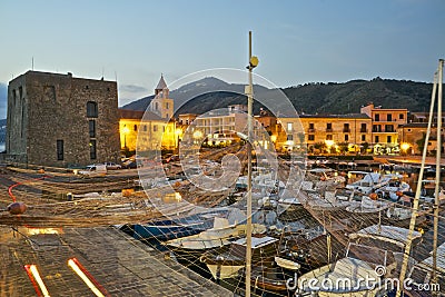 Acciaroli Touristic harbor at dusk Editorial Stock Photo