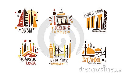 Touristic Logo Templates Design, Travel over the World, Dubai, Berlin, Hong Kong, Barcelona, New York, Istanbul Emblems Vector Illustration