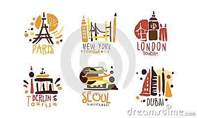 Touristic Logo Templates Design, Travel over the World, Paris, Dubai, London, Berlin, Seoul, New Yyork Emblems Hand Vector Illustration