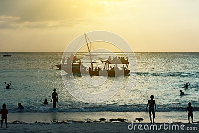 Touristic ship near Zanzibar beach at sunset Editorial Stock Photo