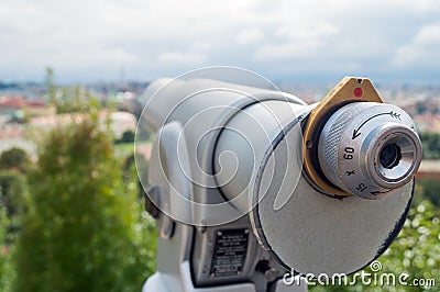 Touristic telescope look at the city with view of Prague Stock Photo